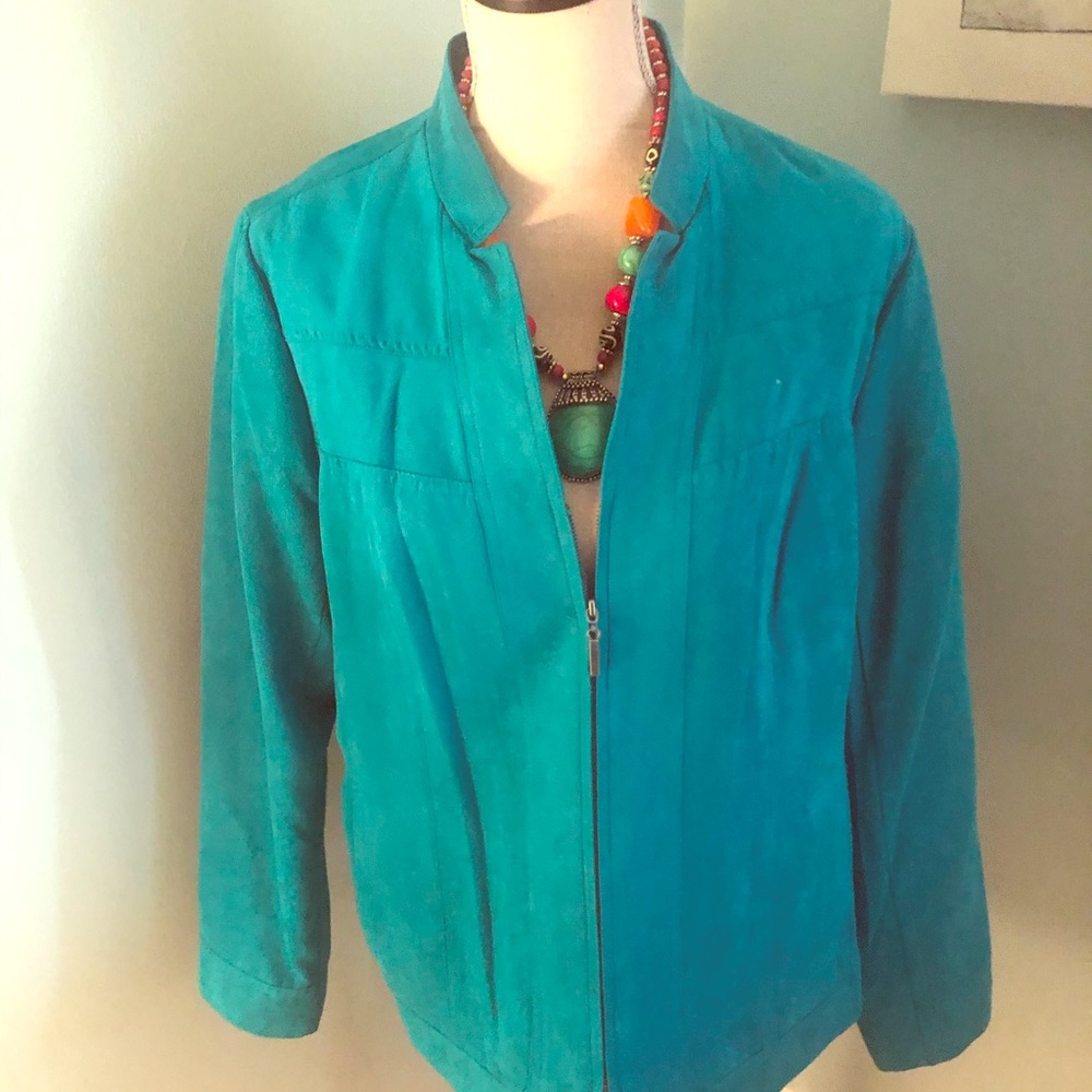 Teal faux suede jacket with zipper closure